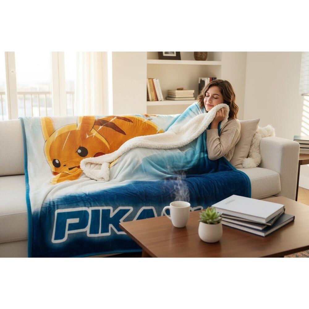 Pokemon Pikachu Sherpa Lined Throw Blanket Silk Touch Fleece NWT 60 x 80”